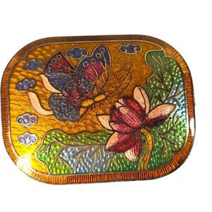 VTG Cloisonne Scarf Slide Belt Buckle Butterfly Lotus Water Lilly Floral 90s